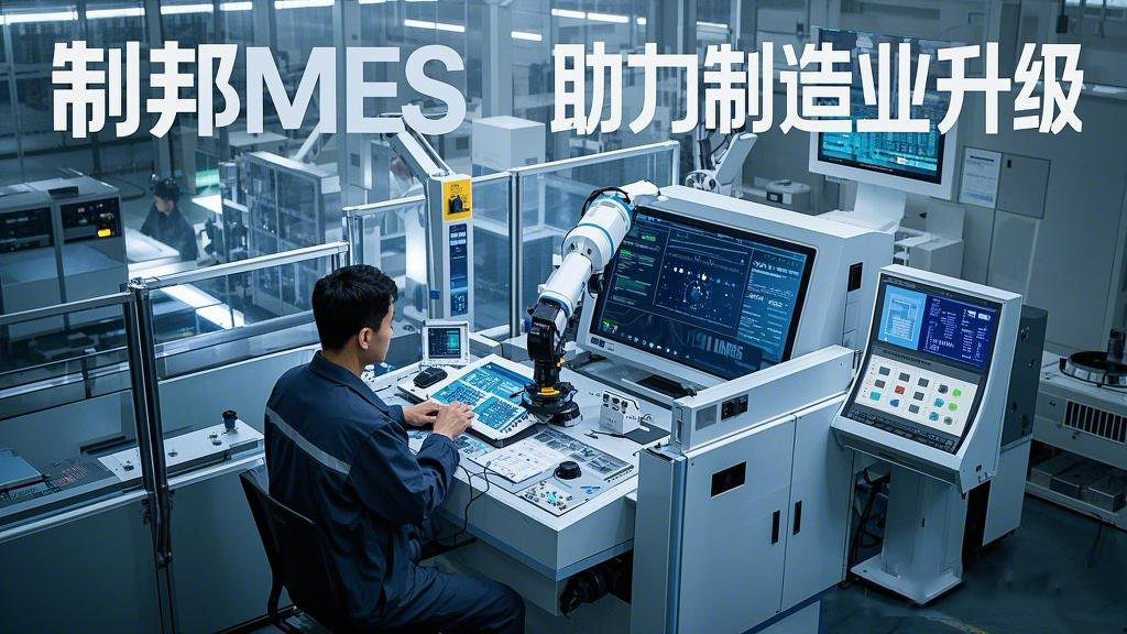 主題為 “制邦MES 助力制造業升級”。畫面呈現出一個現代化的智能工廠,車間里機械臂有序地工作,在工廠的中控室里,大屏幕上展示著生產數據和制邦MES的數據分析圖表,一位工程師正在通